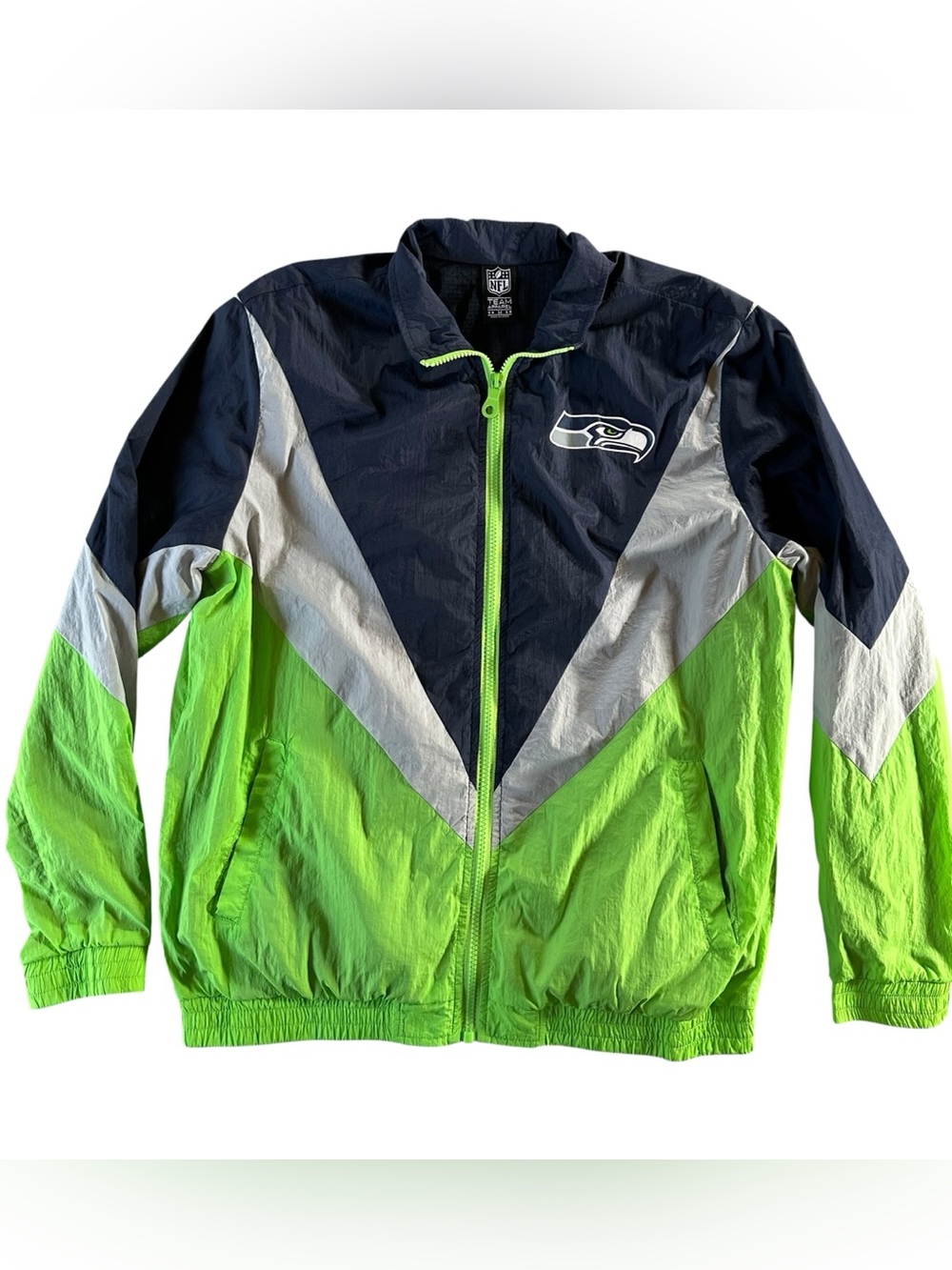Seattle Seahawks Men’s Navy & Neon Green Windbreaker Jacket Size Medium